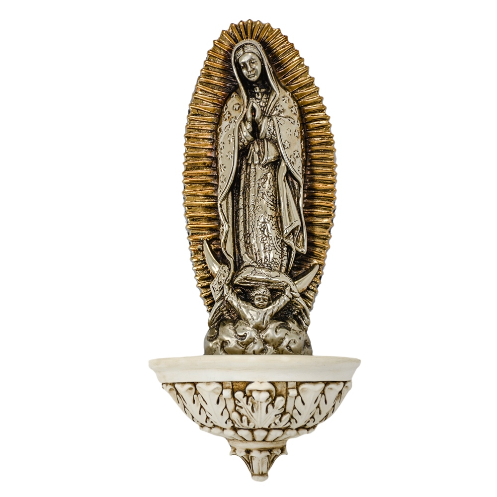 PILETA DE PARED, VIRGEN DE GUADALUPE. (26.7CM DE ALTO)(NIQUEL/BRONCE/PIEDRA RECONSTRUIDA) (01-7119NBW)1065426840