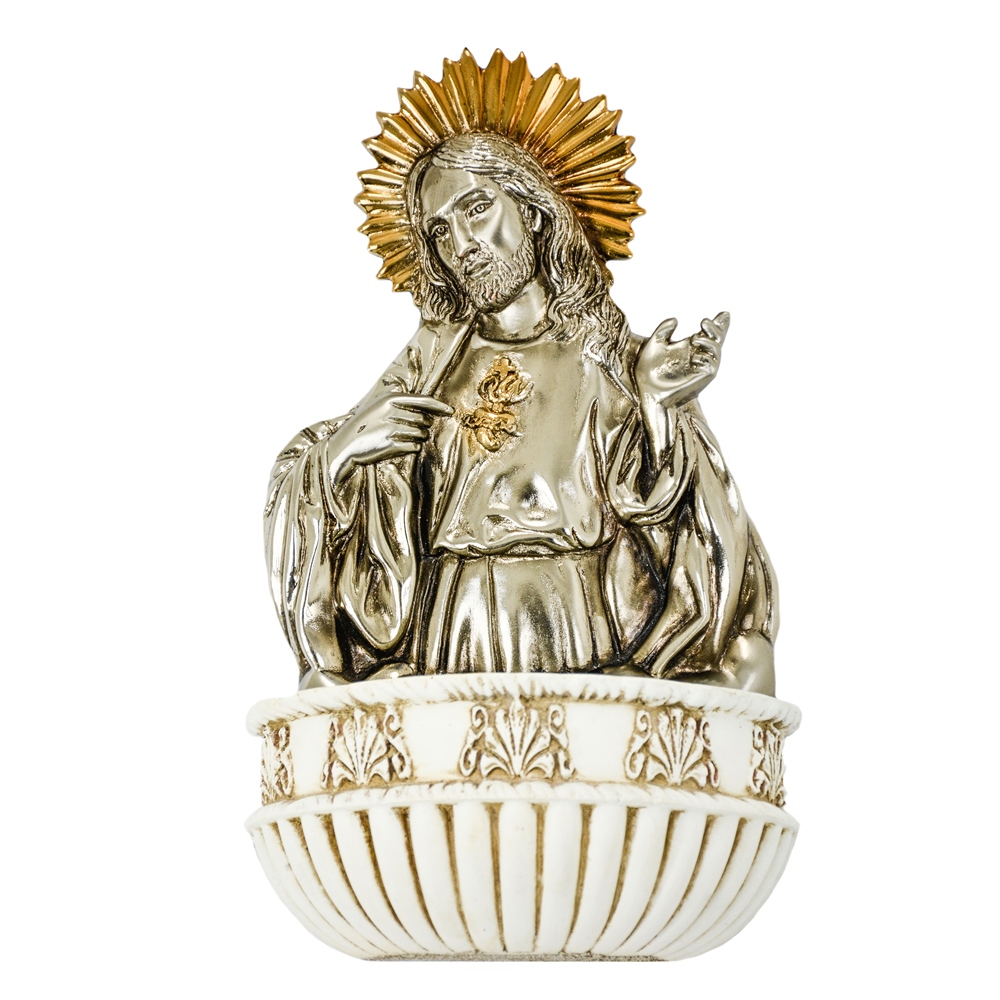 PILETA DE PARED. SAGRADO CORAZON DE JESUS (26CM DE ALTO) (BRONCE/NIQUEL/PIEDRA RECONSTRUIDA) (01-7116NBW)